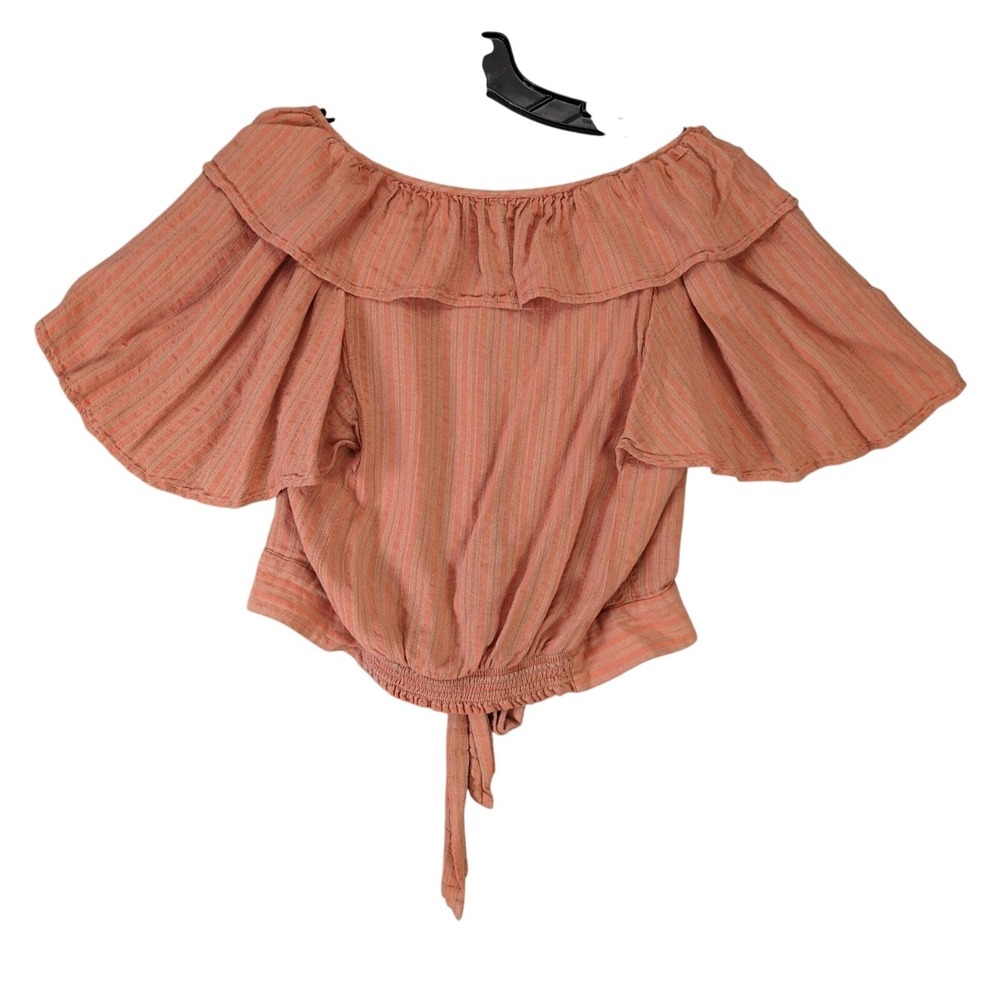 Free People Orange Striped Peasant Crop Top Button Up Shirt Womens M Ruffle Tie - Picture 2 of 10